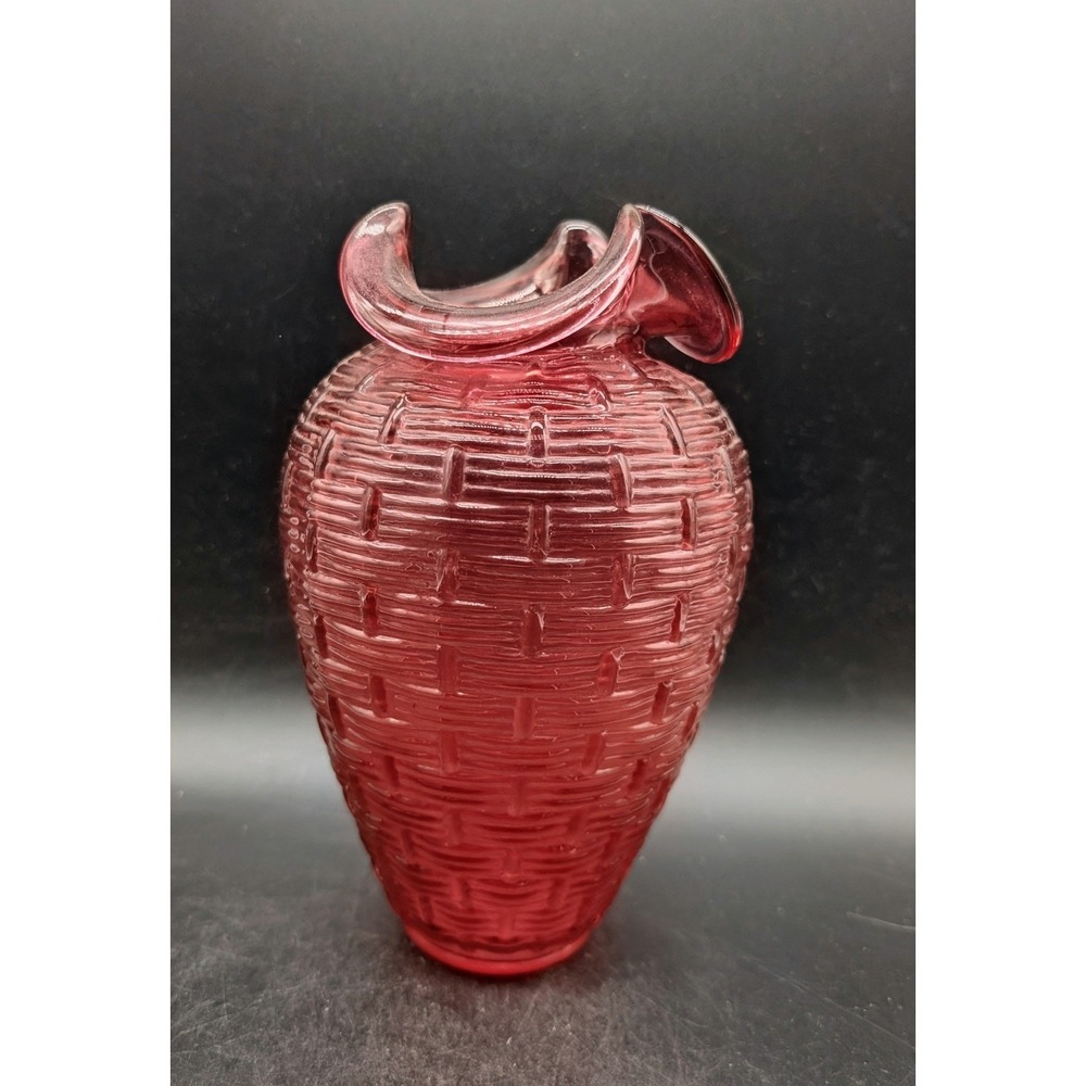 Fenton Country Cranberry Pink Basketweave Art Glass Vase Signed George W Fenton